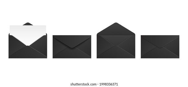 Realistic envelope mockup set. Open closed black 3d paper letters isolated on white background. Vector illustration