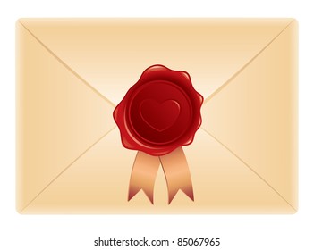 realistic envelope with wax stamp on white background
