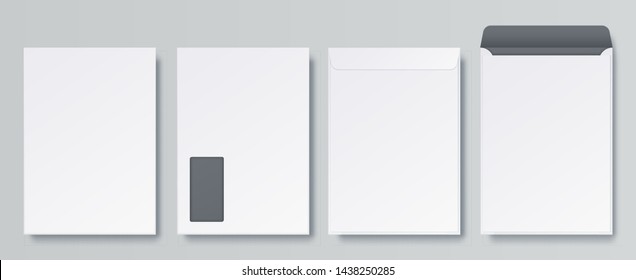 Realistic Envelopes. Blank Close And Open Letter, C4 A4 Business Mockup Template, Isolated Front And Back Views. Vector White Vertical Envelope For Corporate Postcard