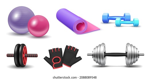 Realistic equipment for fitness and power weight lifting exercises: yoga mat, fit ball, barbell and dumbbell for workout isolated on white background. 3d vector illustration - Shutterstock ID 2088089548