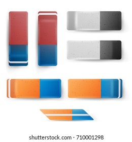 Realistic Eraser Set Vector. Classic Blue Orange, Grey White Rubber Icon. Isolated Illustration