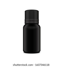 Realistic essential oil black glossy bottle. Mock up bottle cosmetic or medical vial, flask, flacon 3d illustration for your design