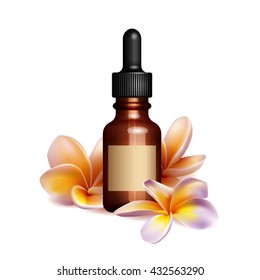 Realistic essential oil bottle and frangipani flowers