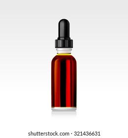 Realistic essential oil bottle. Mock up. Cosmetic vial, flask, flacon. Container for perfume. Medical bank. Cosmetic dropper-bottle for serum. Prescription bottle
