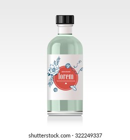 Realistic essential oil bottle. Mock up. Cosmetic vial, flask, flacon. Container for perfume. Medical bank. Cosmetic dropper-bottle for serum. Label, sticker