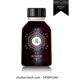 Realistic essential oil bottle. Mock up. Cosmetic vial, flask, flacon. Container for perfume. Medical bank. Cosmetic dropper-bottle for serum. Prescription bottle