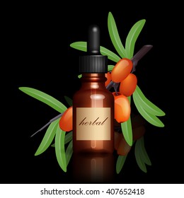 Realistic essential oil bottle and seabuckthorn branch with ripe berries on black background