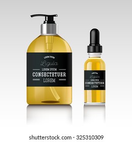 Realistic essential oil bottle. Soap pump. Mock up. Cosmetic vial, flask, flacon. Container for perfume. Medical bank. Cosmetic dropper-bottle. Label, sticker