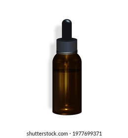 Realistic essential oil brown bottle. Mock up bottle. Cosmetic vial, flask, flacon. Medical bank. Cosmetic dropper-bottle with cocoa fruit background . Prescription bottle with design label