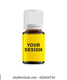 Realistic essential oil brown bottle. Mock up bottle. Cosmetic vial, flask, flacon. Medical bank. Cosmetic dropper-bottle with sticker. 
Prescription bottle with design label.
