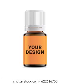 Realistic essential oil brown bottle. Mock up bottle. Cosmetic vial, flask, flacon. Medical bank. Cosmetic dropper-bottle with sticker. 
Prescription bottle with design label.