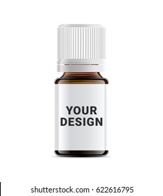 Realistic essential oil brown bottle. Mock up bottle. Cosmetic vial, flask, flacon. Medical bank. Cosmetic dropper-bottle with sticker. 
Prescription bottle with design label.