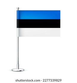 Realistic Estonian table flag on a chrome steel pole. Souvenir from Estonia. Desk flag made of paper or fabric and shiny metal stand. Mockup for promotion and advertising. Vector illustration