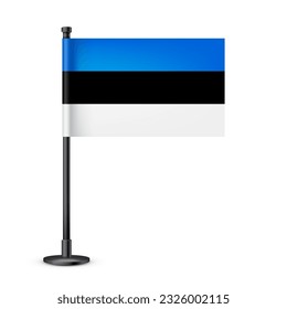 Realistic Estonian table flag on a black steel pole. Souvenir from Estonia. Desk flag made of paper or fabric and shiny metal stand. Mockup for promotion and advertising. Vector illustration