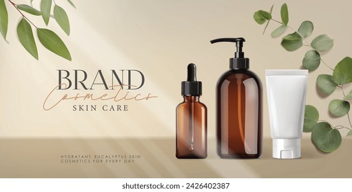 Realistic eucalyptus bottle cosmetics set, beauty eucalyptus design, treatment cosmetics collection vector, packaging mockup, 3d scene background