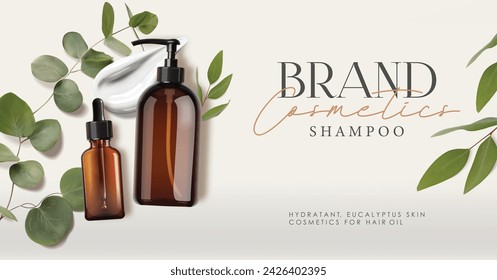 Realistic eucalyptus bottle cosmetics set, beauty eucalyptus design, treatment cosmetics collection vector, packaging mockup, 3d scene background