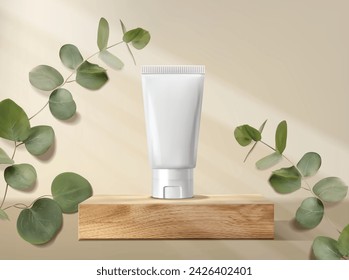 Realistic eucalyptus bottle cosmetics set, beauty eucalyptus design, treatment cosmetics collection vector, packaging mockup, 3d scene background