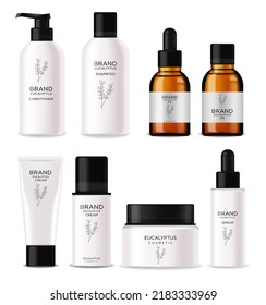 Realistic eucalyptus cosmetics set, beauty lotion bottle cosmetics, eucayptus design, treatment cosmetics collection vector