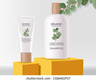 Realistic eucalyptus cosmetics set, beauty lotion bottle cosmetics, eucayptus design, treatment cosmetics collection vector, beauty cosmetics on eucalyptus background, bio product mockup