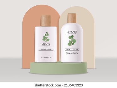 Realistic eucalyptus cosmetics set, beauty lotion bottle cosmetics, eucayptus design, treatment cosmetics collection vector, beauty cosmetics on eucalyptus background, bio product mockup