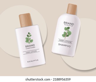 Realistic eucalyptus cosmetics set, beauty lotion bottle cosmetics, eucayptus design, treatment cosmetics collection vector, beauty cosmetics on eucalyptus background, bio product mockup