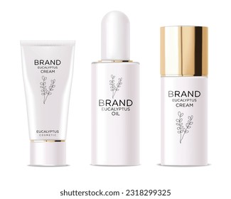 Equipo de cosméticos de eucalipto realistas, cosméticos de botellas de loción de belleza, diseño de eucalipto, colección de cosméticos de tratamiento vector