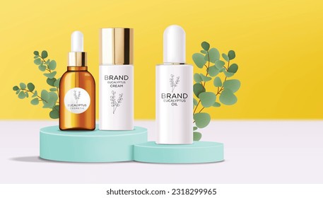 Realistic eucalyptus cosmetics set, beauty lotion bottle cosmetics, eucalyptus design, treatment cosmetics collection vector, beauty cosmetics on abstract background