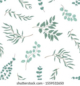 Realistic eucalyptus twigs and leaves seamless pattern. Hand drawn plant branches. Flora, foliage texture. Floral textile monochrome print. Realistic botanical wallpaper vector design.