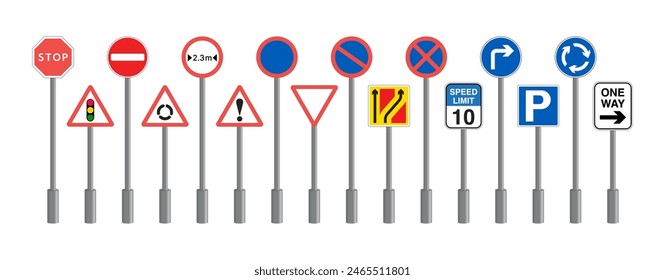 Realistic European Road Signs on Poles. Set of road signs, Traffic signs. No entry, Parking, Speed Limited, Stop and Roundabout ahead Traffic Symbol. Vector.