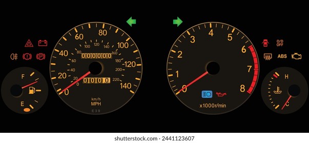 La especificación europea realista del panel de instrumentos japonés del coche mostró tanto mph como kilómetros por hora unidad con la iluminación del tema deportivo y el vector completo de la ilustración de la luz de advertencia de la función.