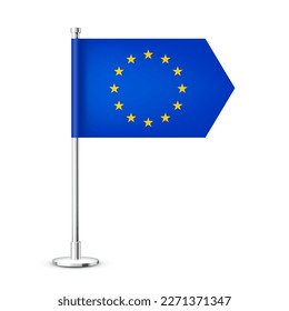 Realistic European table flag on a chrome steel pole. Souvenir from Europe. Desk flag made of paper or fabric and shiny metal stand. Mockup for promotion and advertising. Vector illustration