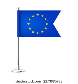 Bandera de mesa europea realista en un asta de acero cromado. Un recuerdo de Europa. Bandera de escritorio hecha de papel o tela y soporte de metal brillante. Tragedia para promoción y publicidad. Ilustración del vector