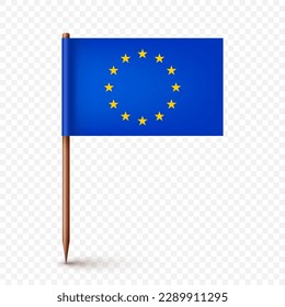 Realistic European toothpick flag. Souvenir from Europe. Wooden toothpick with paper flag. Location mark, map pointer. Blank mockup for advertising and promotions. Vector illustration