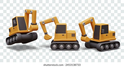 Realistic excavator in different positions. Digging equipment. Heavy machinery