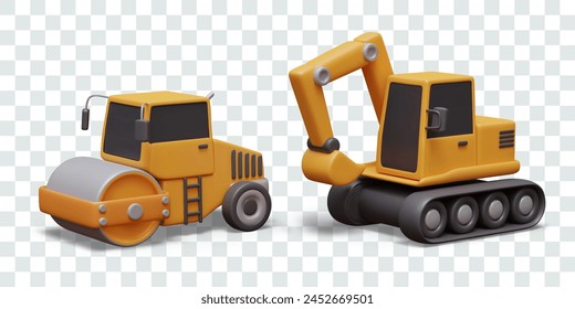 Realistic excavator and road roller. Detailed heavy machinery with nobody