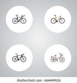 Realistic Exercise Riding, Timbered, Competition Bicycle And Other Vector Elements. Set Of  Realistic Symbols Also Includes Brand, Bike, Vintage Objects.