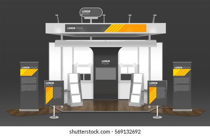 Realistic exhibit stand design with composition of advertising poster panels logotypes information boards and tv screen vector illustration