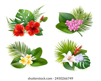 Realistic exotic flowers bouquet. Tropical jungle flowers leaves, hawaiian leaf flower decoration 3d floristry paradise island orchid plants composition, vector illustration of exotic flower tropical