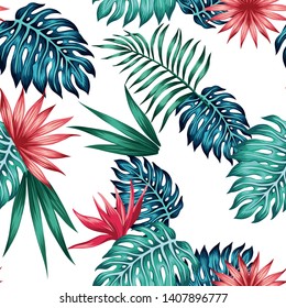 Realistic exotic illustration tropical blue green leaves and red flowers bird of paradise seamless vector pattern on the white background. Vivid tropic wallpaper