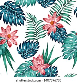 Realistic exotic tropical blue green leaves and red lotus flowers seamless vector pattern on the white background