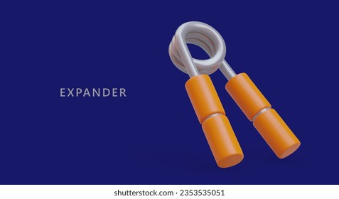 Realistic expander. Sports equipment for strengthening hand muscles. Hand grip strengthener. Strong palm spring. Advertising of sports equipment for personal use