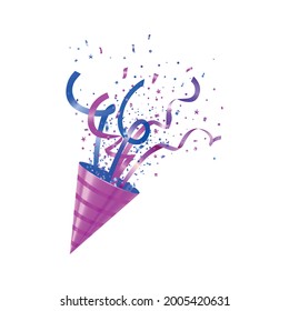 Realistic exploding party popper festive accessory on white background vector illustration