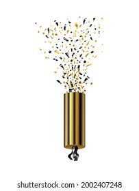 Realistic exploding party popper in golden and black color vector illustration