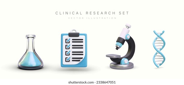 Realistic explorer accessories. Items for conducting laboratory observations. Set of isolated vector images. Triangular flask with blue liquid, clipboard, microscope, DNA helix