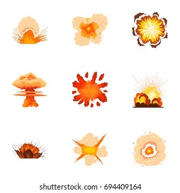 Realistic explosion icons set. Cartoon set of 9 realistic explosion vector icons for web isolated on white background