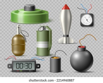 Realistic Explosives. Mass Defeat Weapon, Dangerous War Objects, Different Bombs, Dynamite, Mine, Rocket And Hand Grenade, Round Classic Bomb With Fuse And Timer, Utter Vector 3d Military Set