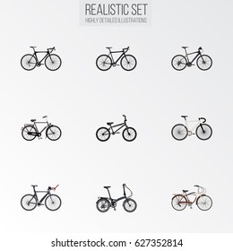 Realistic Extreme Biking, Exercise Riding, Folding Sport-Cycle And Other Vector Elements. Set Of Bicycle Realistic Symbols Also Includes Training, Cyclocross, Hybrid Objects.