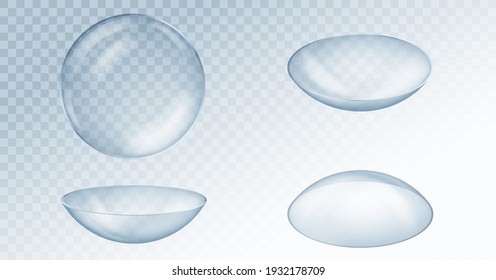 Realistic eye contact lenses on transparent background 3d top, side and front view. Medical equipment for ophthalmology concept. Vector illustration