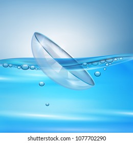 Realistic eye lenses in water with air bubbles, composition on blue background 3d vector illustration