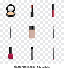 Realistic Eye Paintbrush, Blusher, Mouth Pen And Other Vector Elements. Set Of Maquillage Realistic Symbols Also Includes Polish, Powder, Highlight Objects.